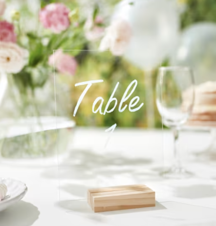 Renting out: Clear Party Signs x 6  (Acrylic signs with wooden bases)